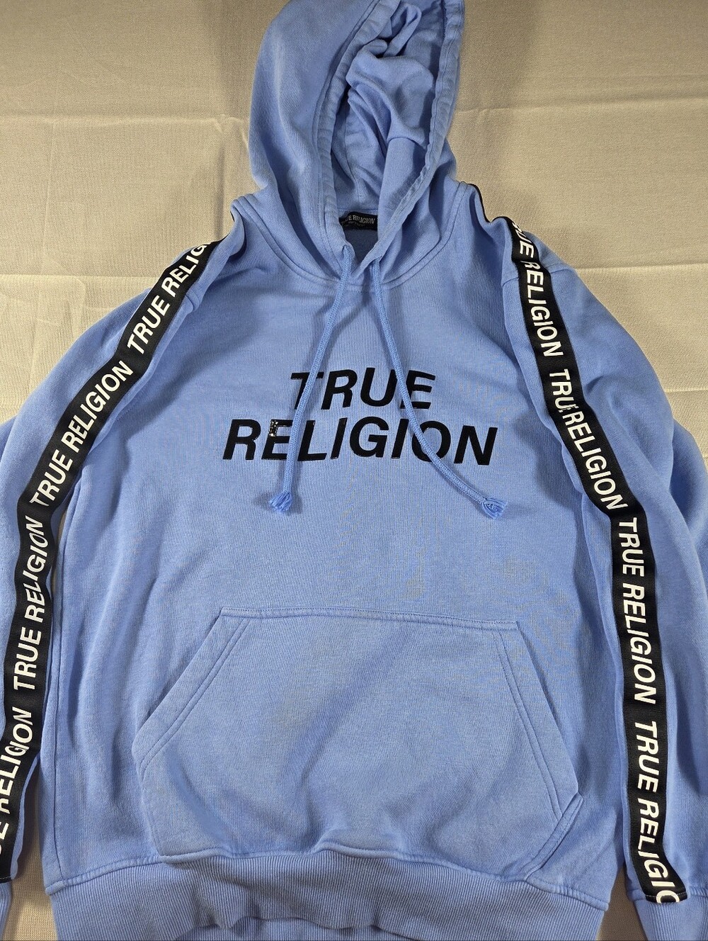 True Religion Logo Tape Pullover Hoodie Blue Medium Graphic Sweatshirt